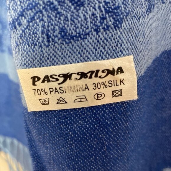 Pashmina Scarf Shawl Wrap Blue Paisley Floral Fringed Silk Blend - Picture 4 of 6